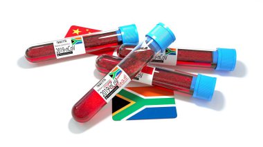 Güney Afrika Cumhuriyeti ulusal bayrağı 3D wuhan 2019-ncov virüs biyolojik test tüpü. 3B illüstrasyon