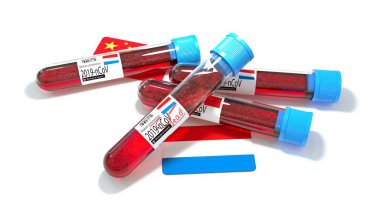 Hollanda bayrağı 3D wuhan 2019-ncov virüs biyolojik test tüpü. 3B illüstrasyon