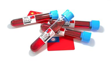 Myanmar Cumhuriyeti ulusal bayrağı 3D wuhan 2019-ncov virüs biyolojik test tüpü. 3B illüstrasyon