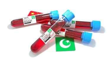 Pakistan İslam Cumhuriyeti ulusal bayrağı 3D wuhan 2019-ncov virüs biyolojik test tüpü. 3B illüstrasyon