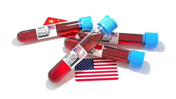 United States of America national flag 3D wuhan 2019-ncov virus bio test tube. 3D illustration