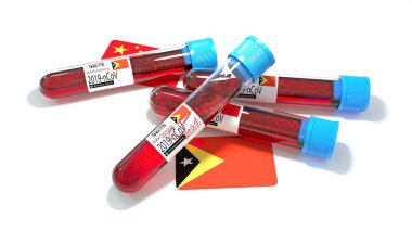 Demokratik Timor Cumhuriyeti ulusal bayrağı 3D wuhan 2019-ncov virüs biyolojik test tüpü. 3B illüstrasyon