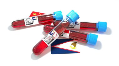Amerikan Samoa Ulusal Bayrağı Bölgesi 3D wuhan 2019-ncov virüs biyolojik test tüpü. 3B illüstrasyon