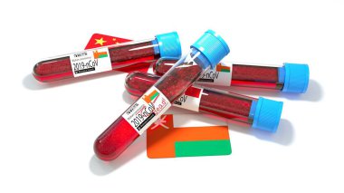 Umman Ulusal Bayrağı Sultanlığı 3D wuhan 2019-ncov virüs biyoloji test tüpü. 3B illüstrasyon