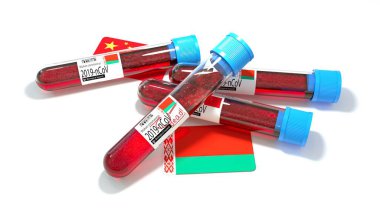Beyaz Rusya Cumhuriyeti bayrağı 3D wuhan 2019-ncov virüs biyolojik test tüpü. 3B illüstrasyon