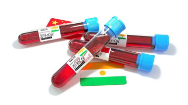 Nijer Cumhuriyeti bayrağı 3D wuhan 2019-ncov virüs biyoloji test tüpü. 3B illüstrasyon