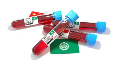Arap Ülkeleri Birliği ulusal bayrağı 3D wuhan 2019-ncov virüs biyolojik test tüpü. 3B illüstrasyon