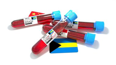 Bahamalar Cumhuriyeti ulusal bayrağı 3D wuhan 2019-ncov virüs biyoloji test tüpü. 3B illüstrasyon