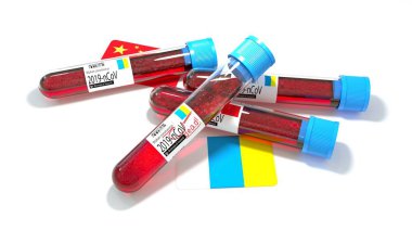 Kanarya Adaları ulusal bayrağı 3D wuhan 2019-ncov virüs biyolojik test tüpü. 3B illüstrasyon