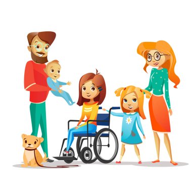Aile ve mutlu bir aile tarafından çevrili tekerlekli sandalyede Engelli kız özürlü çocuğa vektör çizim