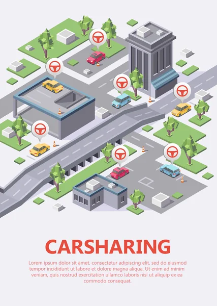 Isometric carte d'autopartage vectoriel illustration 3d de l'emplacement de stationnement de l'autopartage ou du service de covoiturage infographie — Image vectorielle