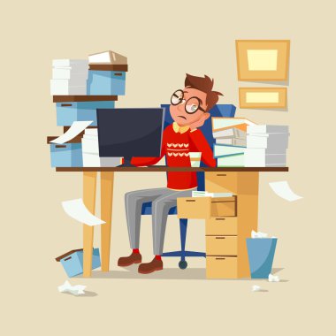 Ofis Müdürü iş belgeleri, bilgisayar ve kahve ile yorgun sinirli adam rutin vektör çizim