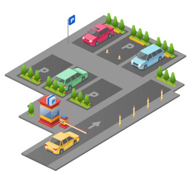 İkinci el, parkomat denetim noktası ve yön işaretleme inşaat tasarım için park yeri izometrik 3d vektör çizim