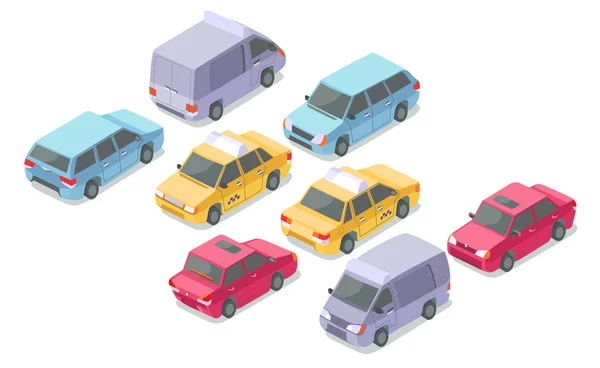 Isometrische Autos Vektor Illustration isolierte Ikonen von Taxi, Minivan privater Passagier oder gepanzertes Auto — Stockvektor