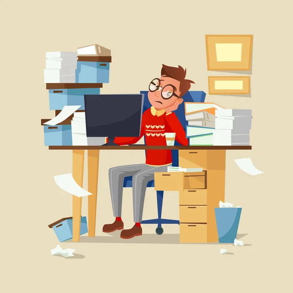 Oficina de gestión de trabajo de rutina vectorial ilustración del hombre cansado frustrado con documentos, ordenador y café — Vector de stock