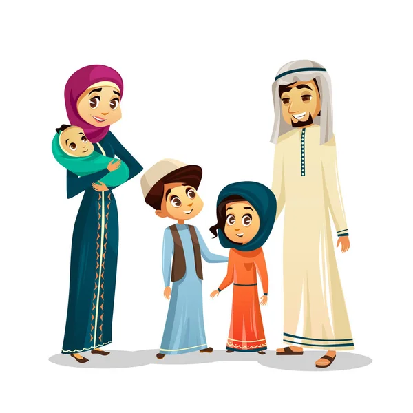 Arabisk familj i traditionella kläder vektorillustration av muslimska föräldrar och barn i Arabian kläder — Stock vektor