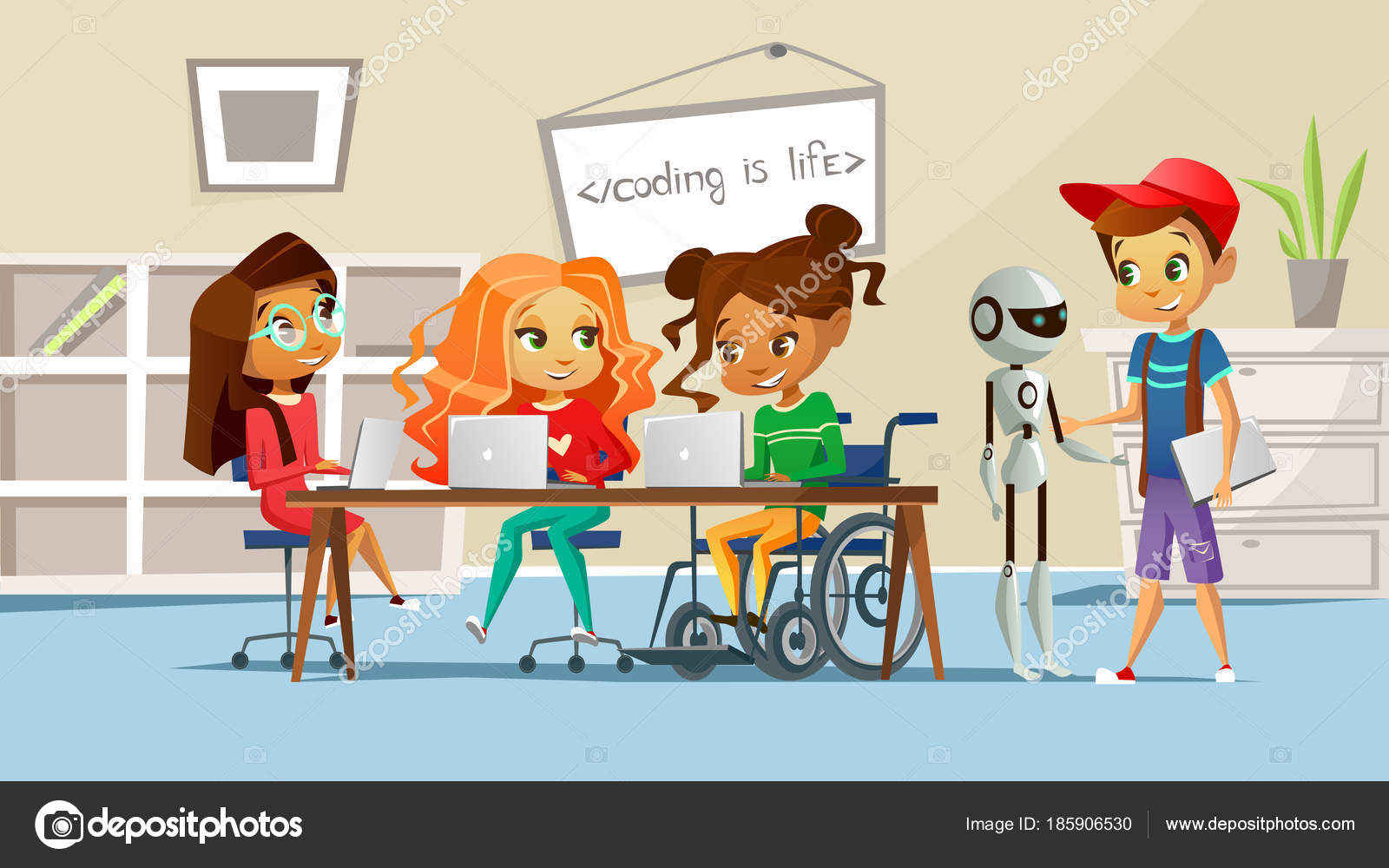 children in school classroom vector illustration of boys and girls kids in school cartoon