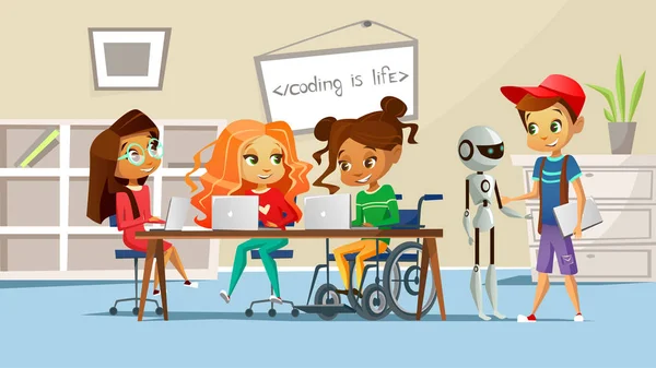 Діти в шкільному класі Векторні ілюстрації хлопчиків і дівчаток, які навчаються за столом з інвалідністю дівчина в інвалідному візку — стоковий вектор