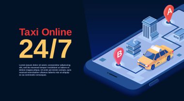 Taksi online vektör çizim reklam posteri izometrik araba yolculuğu hizmet harita navigasyon smartphone uygulama
