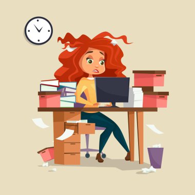 Ofis stres vektör çizim karikatür kız Yöneticisi çalışma son dağınık dağınık saçlı aşırı iş yükü kadında