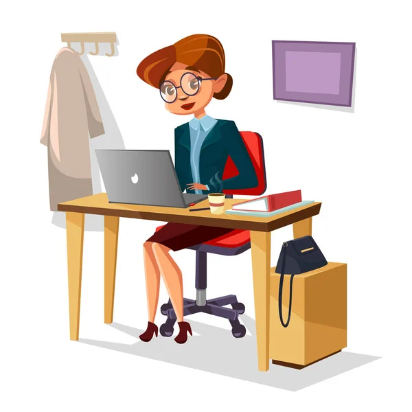 Zakenvrouw in office vectorillustratie voor cartoon meisje manager zeker bezig met moderne laptop op tafel Bureau — Stockvector