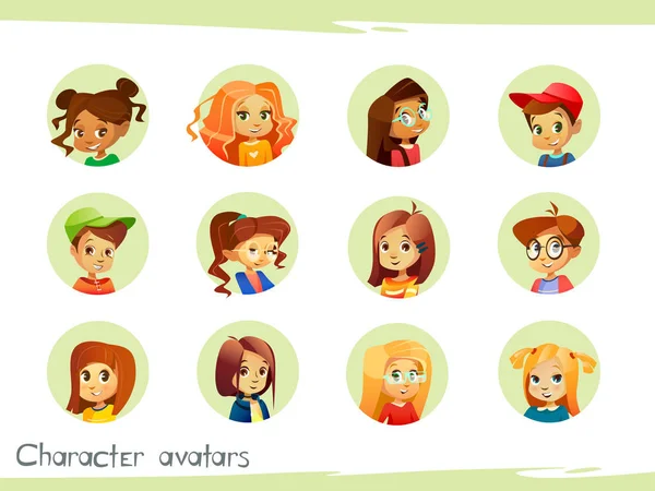 Kinderen tekens avatars vector illustratie van cartoon jongen en meisje kinderen pictogrammen voor voor sociaal netwerk chat gebruikersprofiel — Stockvector