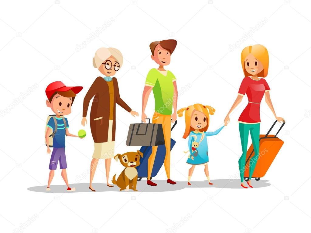 Family travel vector illustration of kids, parents or grandparents and dog walking with traveling bags isolated icons