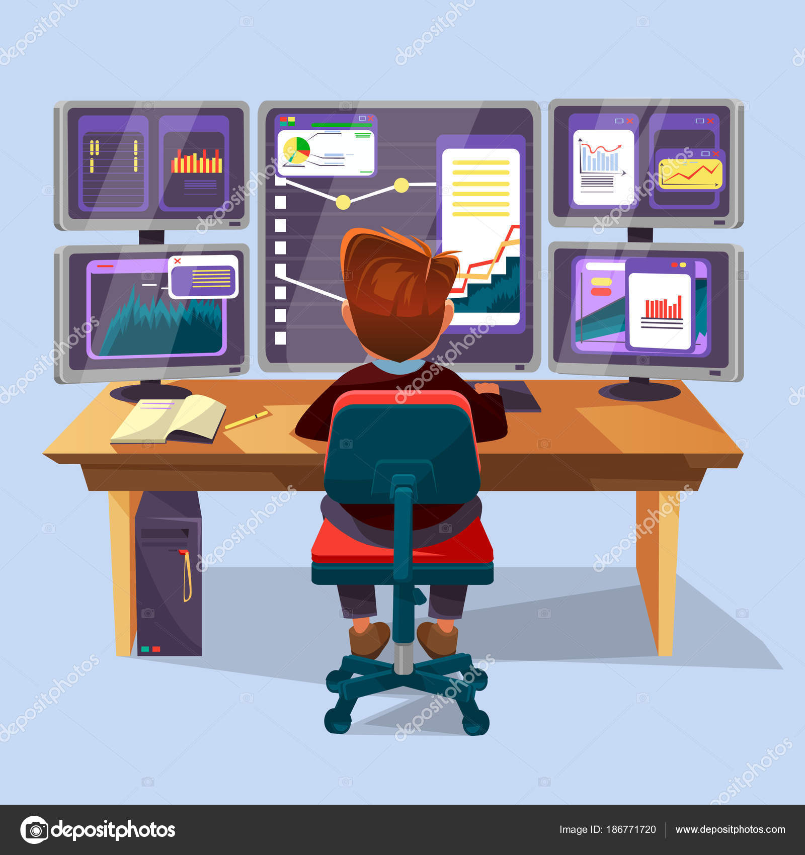 Vector cartoon trader, financial analyst workplace — Stock ...