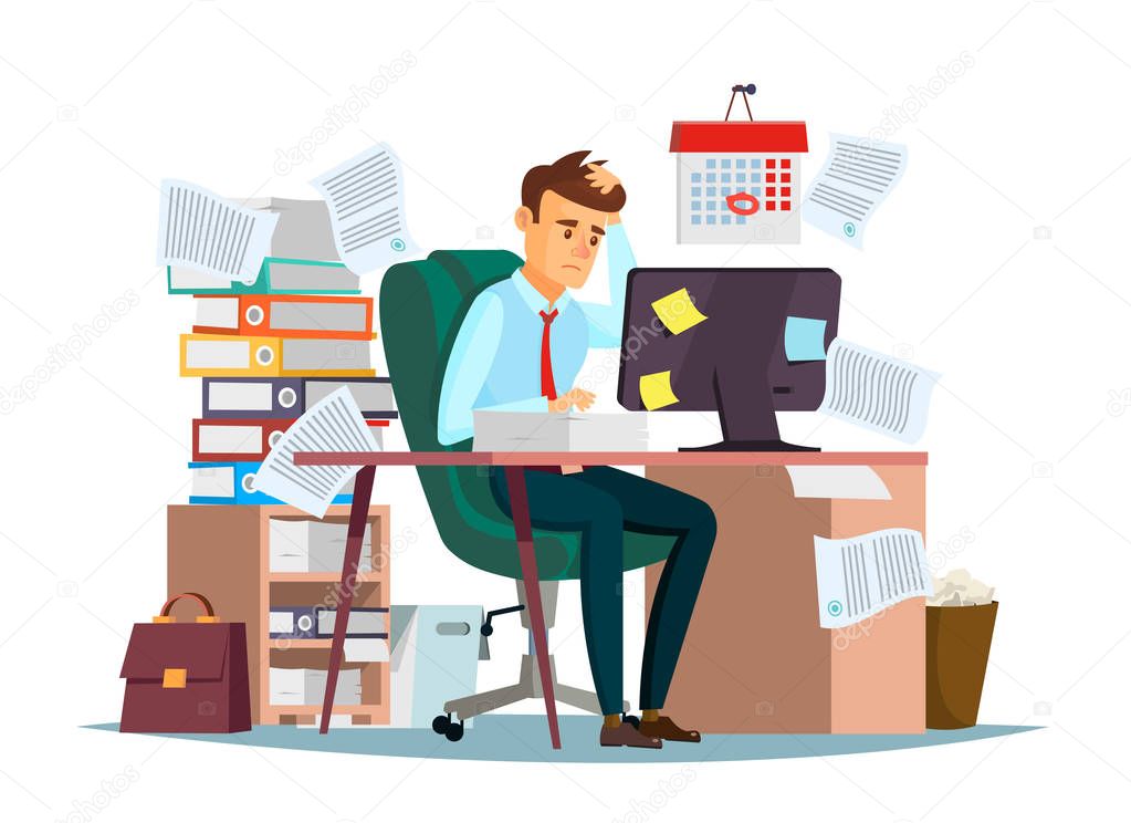 Man overwork in office vector illustration of cartoon manager sitting at computer desk working frustrated in stress