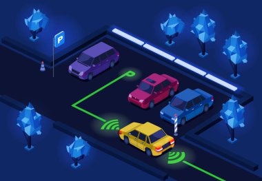 Çok izometrik 3d vektör çizim için gece aydınlatma teknoloji tasarım işaretleme yön Otopark Otopark