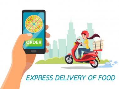 Vektör karikatür teslimat kız scooter el telefon