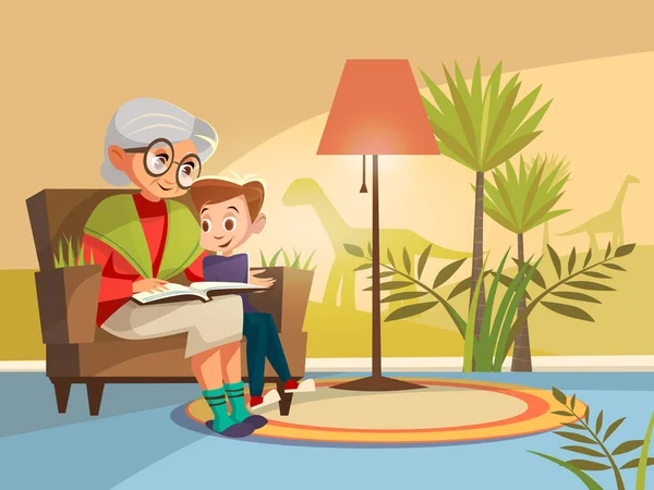 Vector de dibujos animados abuela leyendo a chico — Vector de stock