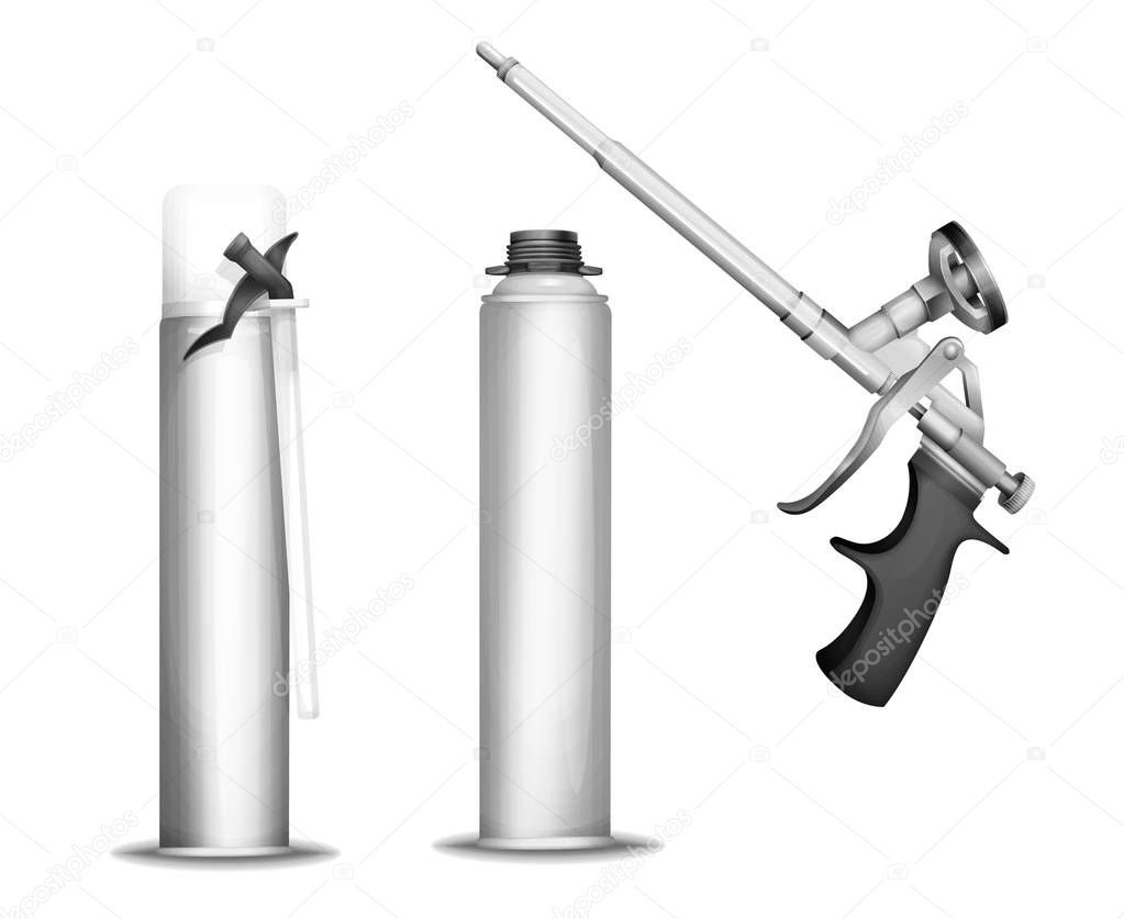 Construction foam bottle vector illustration of 3D isolated realistic PU foam sprayer gun mockup model