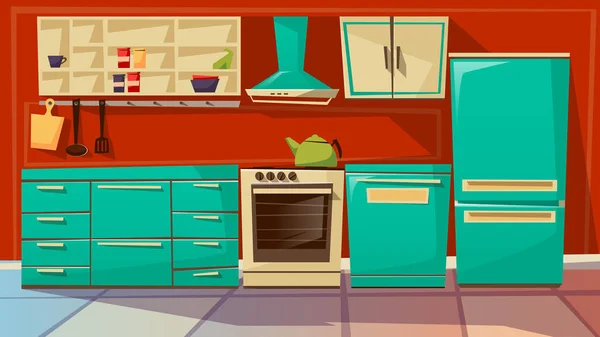 Μοντέρνα κουζίνα εσωτερικό υπόβαθρο διάνυσμα καρτούν εικονογράφηση της συσκευές και έπιπλα κουζίνας — Διανυσματικό Αρχείο