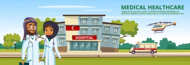 Vektör karikatür Müslüman Arap tıp hizmeti şablonu