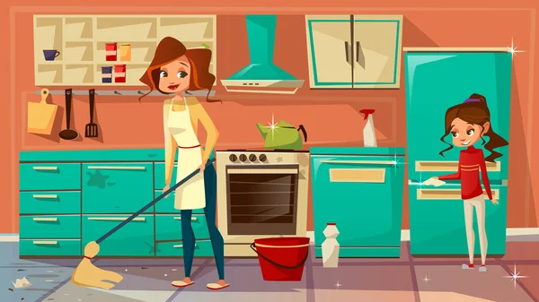 Vector desenho animado mãe filha limpeza juntos — Vetor de Stock