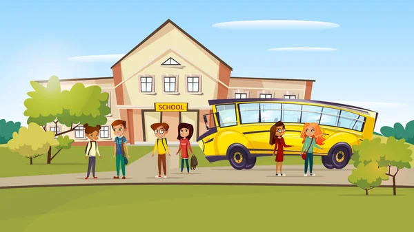Vector cartoon dospívající děti poblíž školní autobus — Stockový vektor