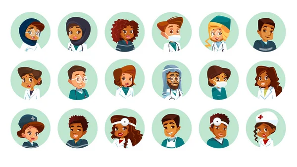 Conjunto de avatares médicos multinacionais de desenhos animados vetoriais . —  Vetores de Stock