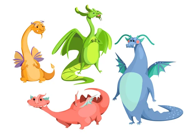 Vector desenho animado bonito magia colorido dragões conjunto — Vetor de Stock
