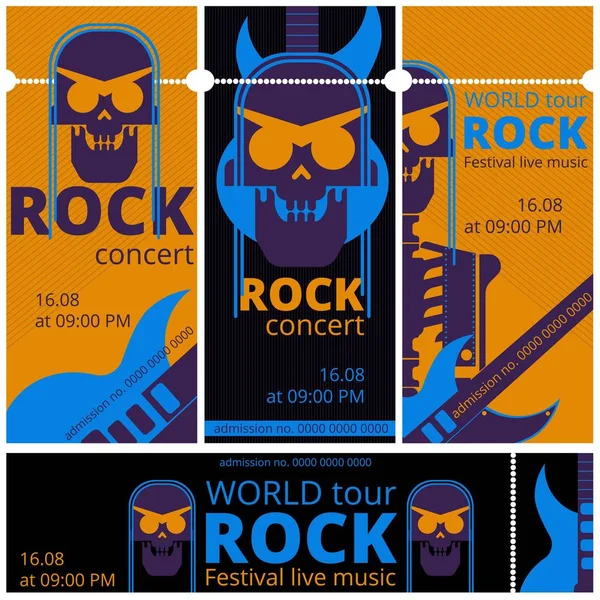 Festival de música rock entradas vector plantillas de ilustración para concierto de rock en vivo de esqueleto cráneo y guitarra — Vector de stock