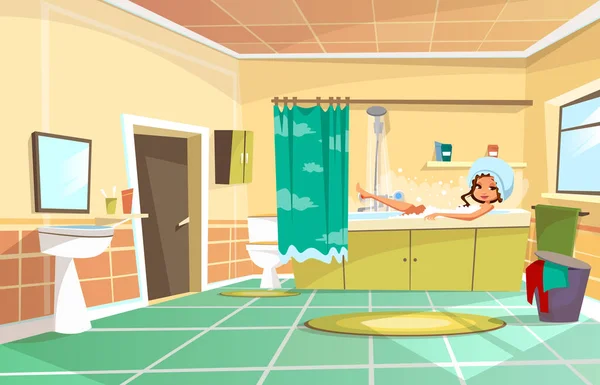 Vettoriale cartone animato giovane gir avendo bagno in vasca da bagno — Vettoriale Stock