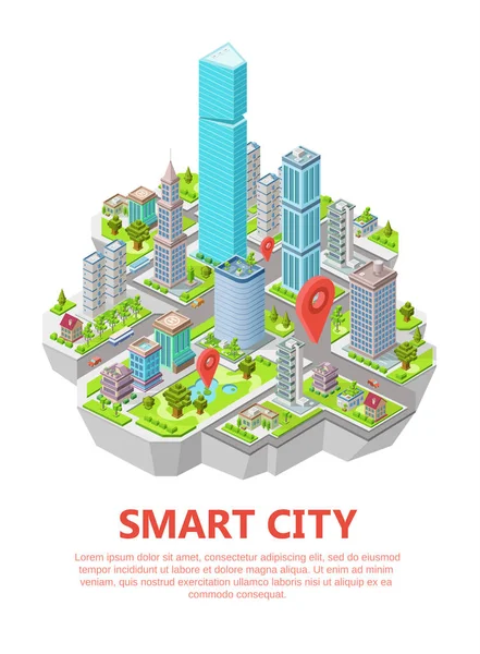 Isométrico inteligente ciudad vector ilustración 3d infraestructura residencial ubicación y navegación mapa — Vector de stock