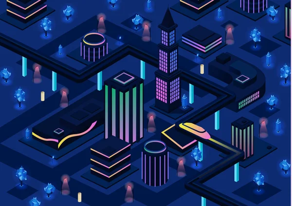Ilustración isométrica futurista del vector de ciudad de la infraestructura futura de la ciudad elegante de la noche 3d con la tecnología de la iluminación — Vector de stock
