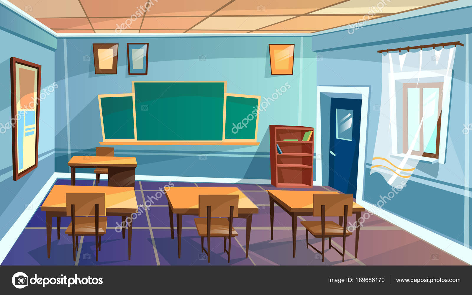 High school classroom in the daytime, Anime background, 2D illustration.  Stock Illustration