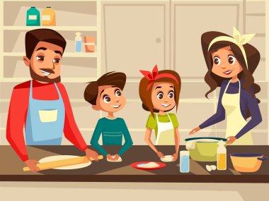 Modern Avrupa aile mutfak vektör düz çizgi film çizim ailenin bir arada yemek yiyecek hazırlama pişirme