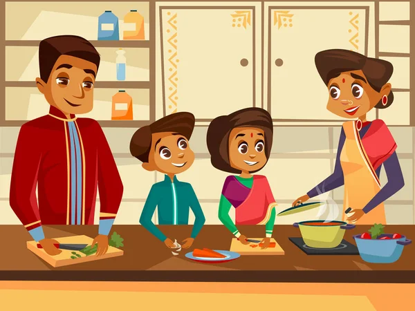 Vector família indígena desenhos animados no conceito de cozinha —  Vetores de Stock