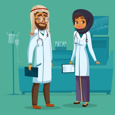 Vektör çizgi film adam kadın Müslüman Arap doktorlar set