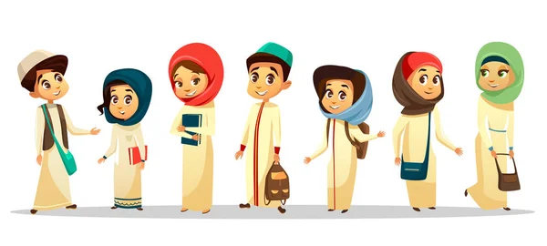 Vector dibujos animados árabe musulmanes estudiantes en hijab conjunto — Vector de stock