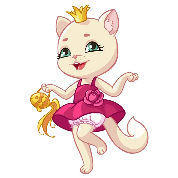 Katze Prinzessin Cartoon Vektor Illustration von Kätzchen in rosa Kleid — Stockvektor