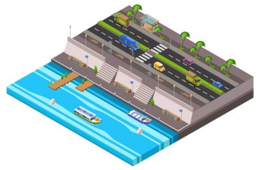 Riverside şehir izometrik 3d vektör çizim araçları ve Nehri Feribot Tekne iskelesi ile waterfront şehir haritası